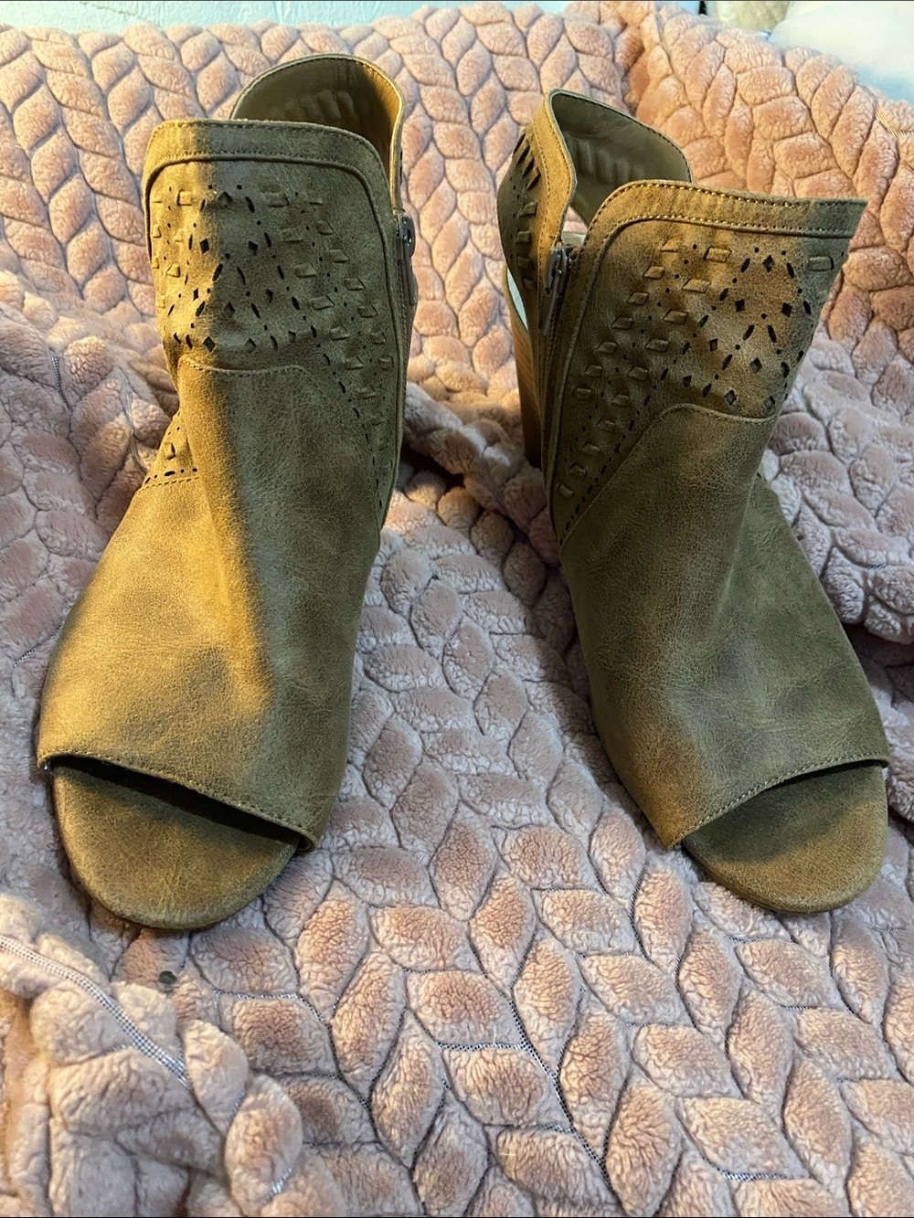 Tan Laser-Cut Peep-Toe Mule Booties